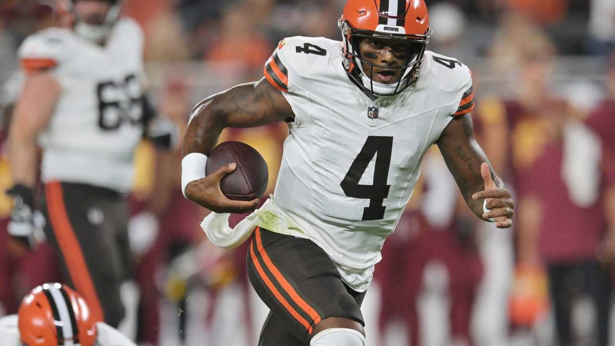 Aug 11, 2023; Cleveland, Ohio, USA; Cleveland Browns quarterback Deshaun Watson (4) scrambles during the first half against the Washington Commanders at Cleveland Browns Stadium.