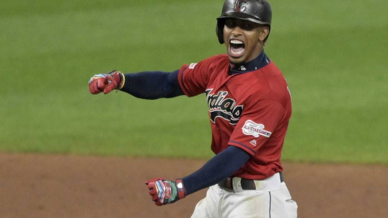 Aug 13, 2019; Cleveland, OH, USA; Cleveland Indians shortstop Francisco Lindor (12) reacts after hitting an RBI double in the ninth inning against the Boston Red Sox at Progressive Field. Mandatory Credit: David Richard-USA TODAY Sports