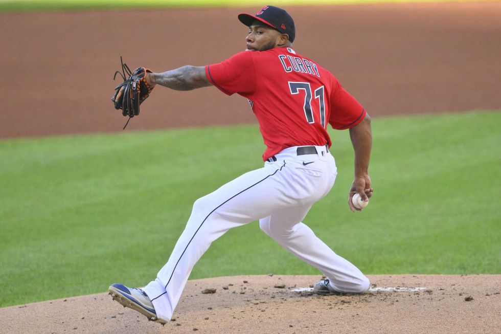 Aug 15, 2022; Cleveland, Ohio, USA; Cleveland Guardians starting pitcher Xzavion Curry (71) delivers a pitch in the first inning against the Detroit Tigers at Progressive Field.