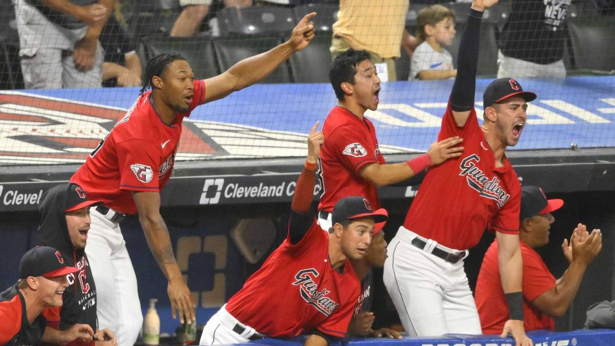 Aug 17, 2022; Cleveland, Ohio, USA; Cleveland Guardians players celebrate in the ninth inning against the Detroit Tigers at Progressive Field.