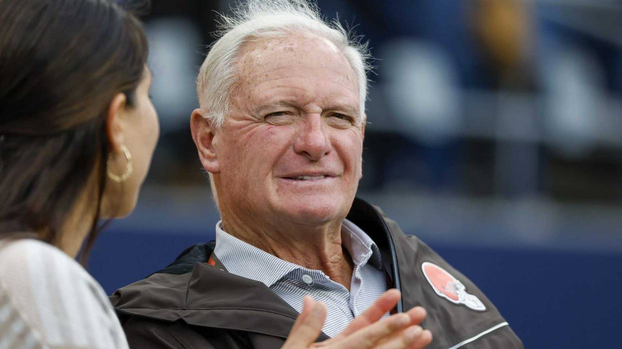 Aug 24, 2024; Seattle, Washington, USA; Cleveland Browns owner Jimmy Haslam sits on the bench during pregame warmups against the Seattle Seahawks at Lumen Field