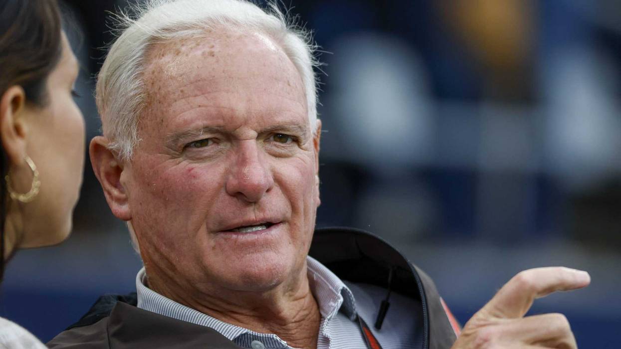 Aug 24, 2024; Seattle, Washington, USA; Cleveland Browns owner Jimmy Haslam sits on the bench during pregame warmups against the Seattle Seahawks at Lumen Field.