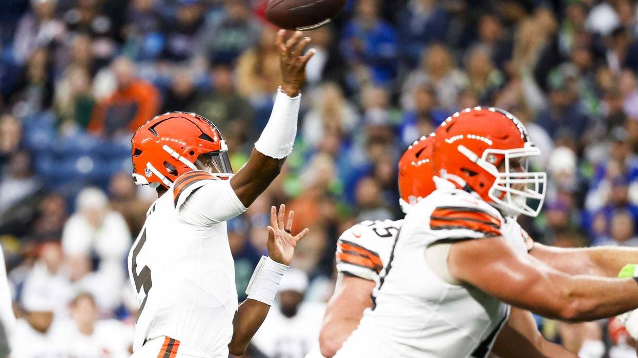 Aug 24, 2024; Seattle, Washington, USA; Cleveland Browns quarterback Jameis Winston (5) passes against the Seattle Seahawks during the first quarter at Lumen Field.