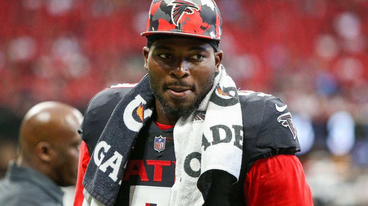 Aug 27, 2022; Atlanta, Georgia, USA; Atlanta Falcons linebacker Lorenzo Carter (9) on the sideline against the Jacksonville Jaguars in the first half at Mercedes-Benz Stadium.
