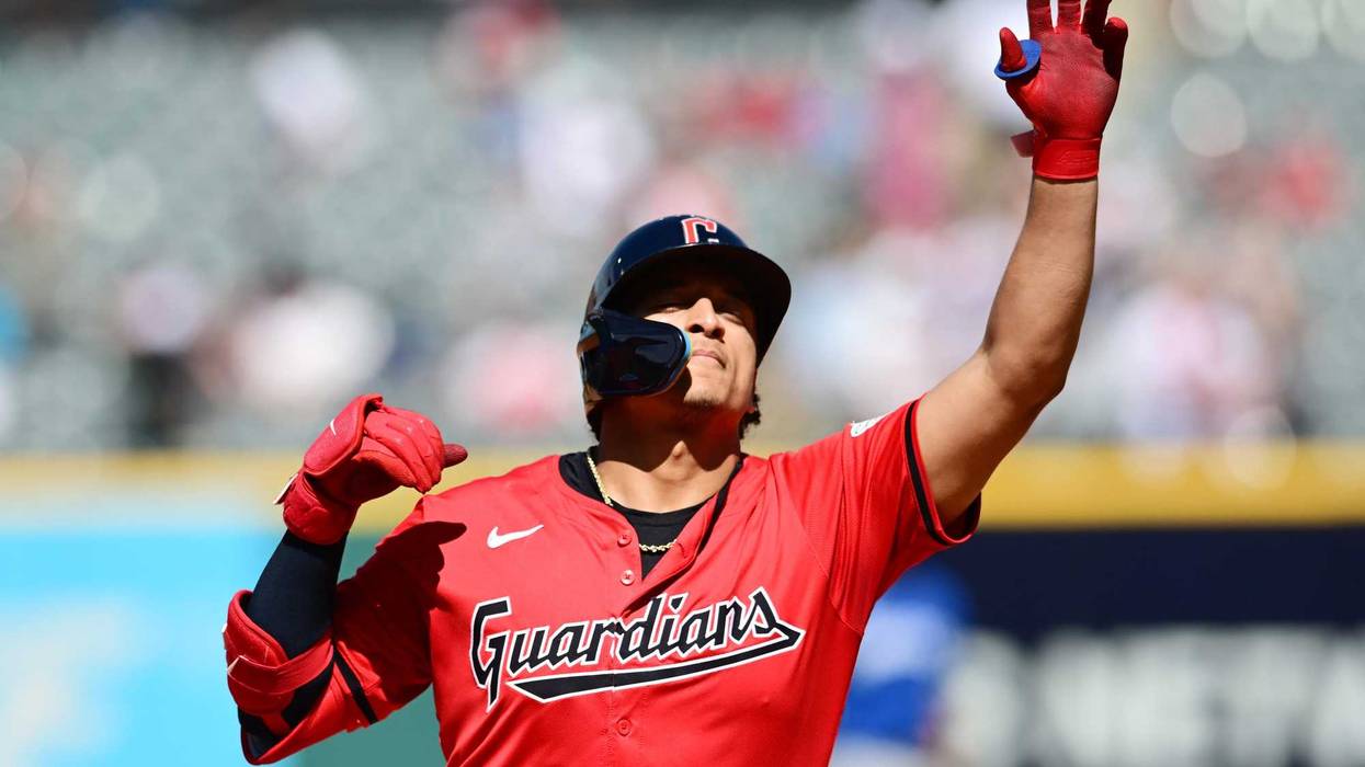 Aug 28, 2024; Cleveland, Ohio, USA; Cleveland Guardians catcher Bo Naylor (23) rounds the bases after hitting a home run during the seventh inning against the Kansas City Royals at Progressive Field.