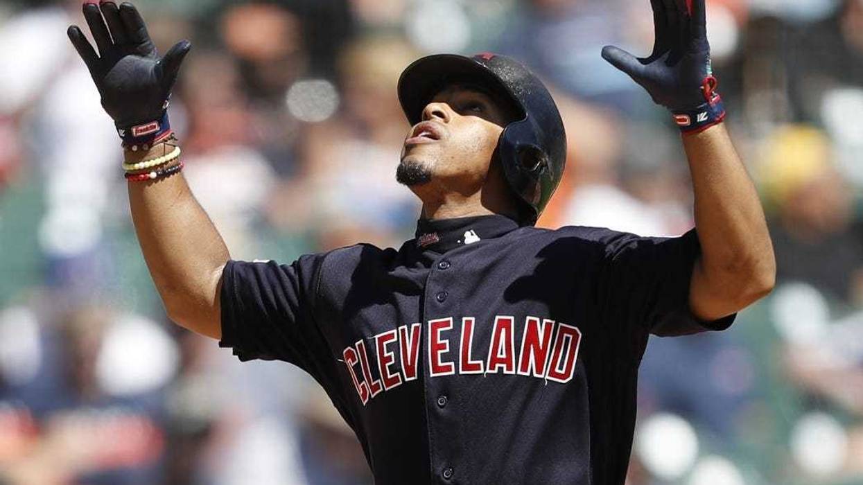Aug 29, 2019; Detroit, MI, USA; Cleveland Indians shortstop Francisco Lindor (12) looks celebrates after hitting a solo home run against the Detroit Tigers during the third inning at Comerica Park. Mandatory Credit: Raj Mehta-USA TODAY Sports