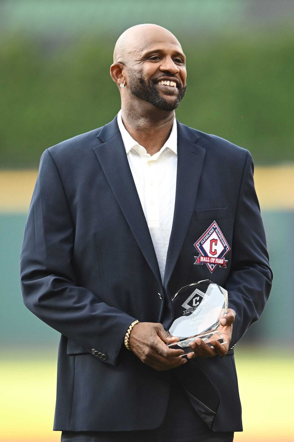Aug 3, 2024; Cleveland, Ohio, USA; Former Cleveland Indians player CC Sabathia poses for a photo during his Cleveland Guardians Hall of Fame ceremony before the game between the Guardians and the Baltimore Orioles at Progressive Field.