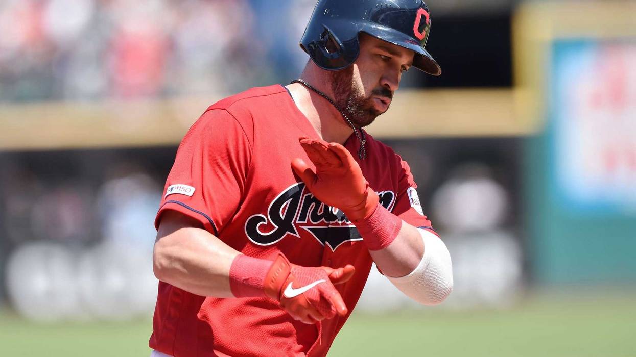 Aug 4, 2019; Cleveland, OH, USA; Cleveland Indians second baseman Jason Kipnis (22) rounds the bases after hitting a home run during the fourth inning against the Los Angeles Angels at Progressive Field. Mandatory Credit: Ken Blaze-USA TODAY Sports