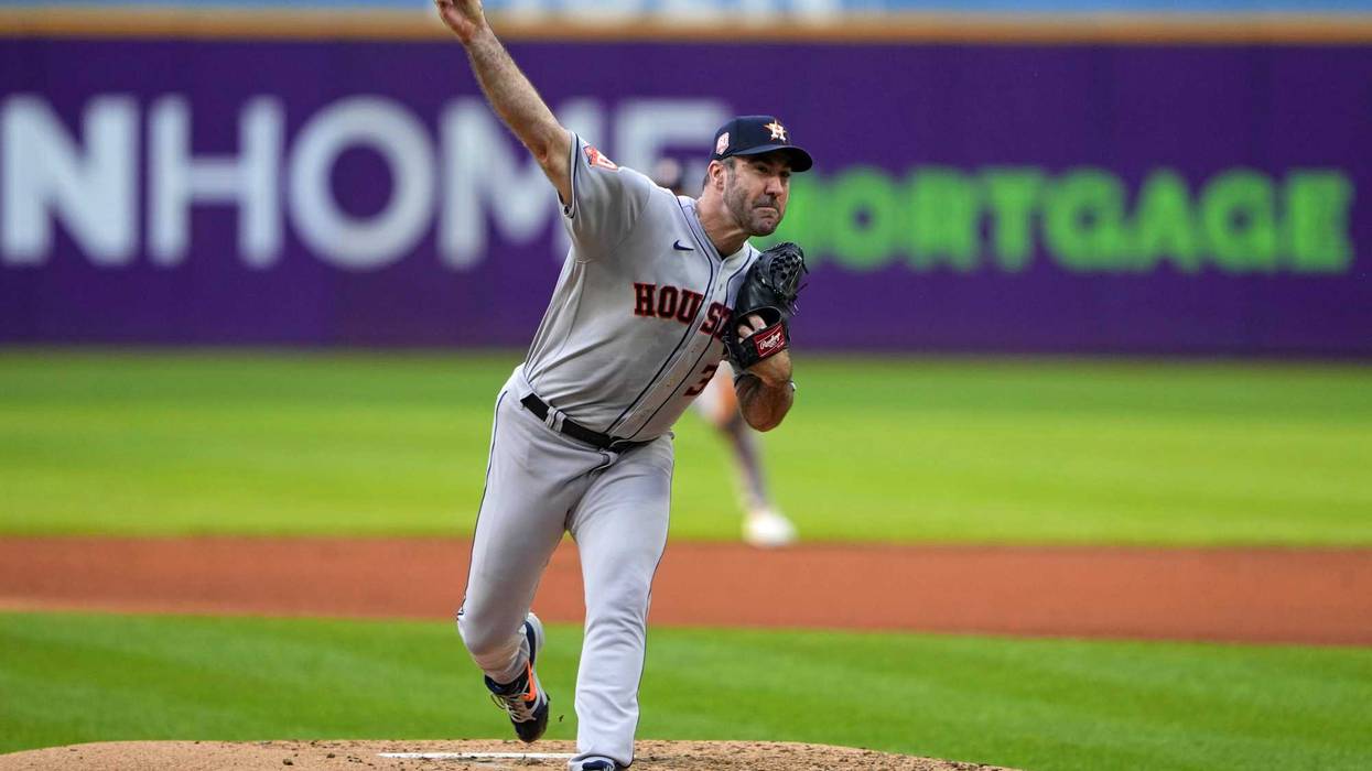 Aug 4, 2022; Cleveland, Ohio, USA; Houston Astros pitcher Justin Verlander (35) delivers a pitch against the Cleveland Guardians during the first inning at Progressive Field.