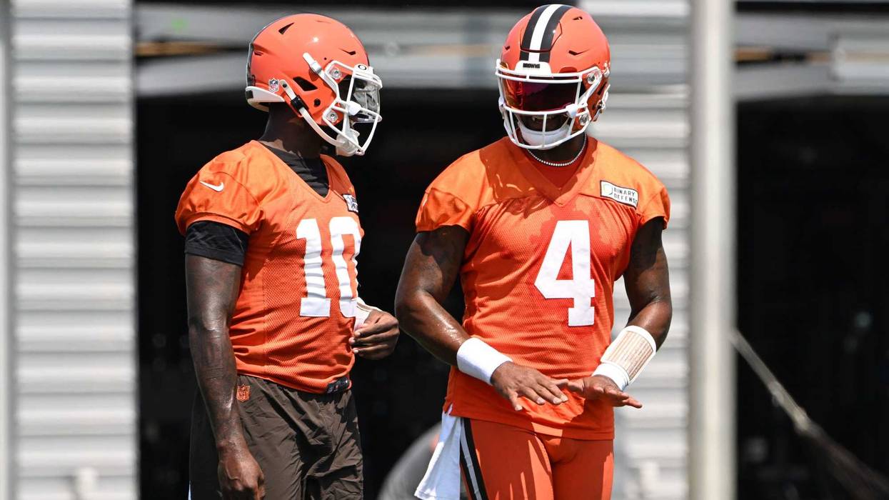 Aug 4, 2024; Cleveland Browns quarterback Deshaun Watson (4) with quarterback Tyler Huntley (10) during practice at the Browns training facility in Berea, Ohio. Mandatory Credit: Bob Donnan-USA TODAY Sports