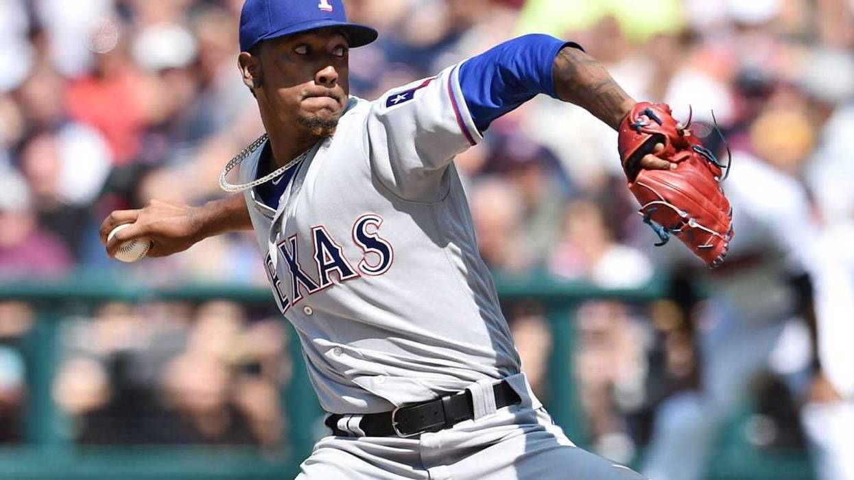 Aug 7, 2019; Cleveland, OH, USA; Texas Rangers relief pitcher Emmanuel Clase (43) throws a pitch during the eighth inning against the Cleveland Indians at Progressive Field. Mandatory Credit: Ken Blaze-USA TODAY Sports