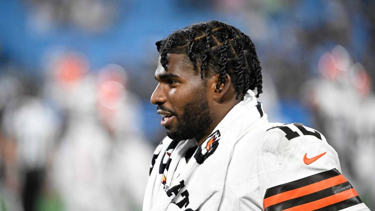 Aug 8, 2025; Charlotte, North Carolina, USA; Cleveland Browns quarterback Shedeur Sanders (12) on thesidelines in the fourth quarter at Bank of America Stadium.