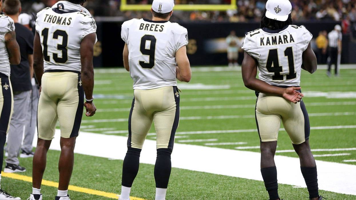 Aug 9, 2019; New Orleans, LA, USA; New Orleans Saints wide receiver Michael Thomas (13) and quarterback Drew Brees (9) and running back Alvin Kamara (41) stand on the sidelines in the second half against the Minnesota Vikings at the Mercedes-Benz Superdom