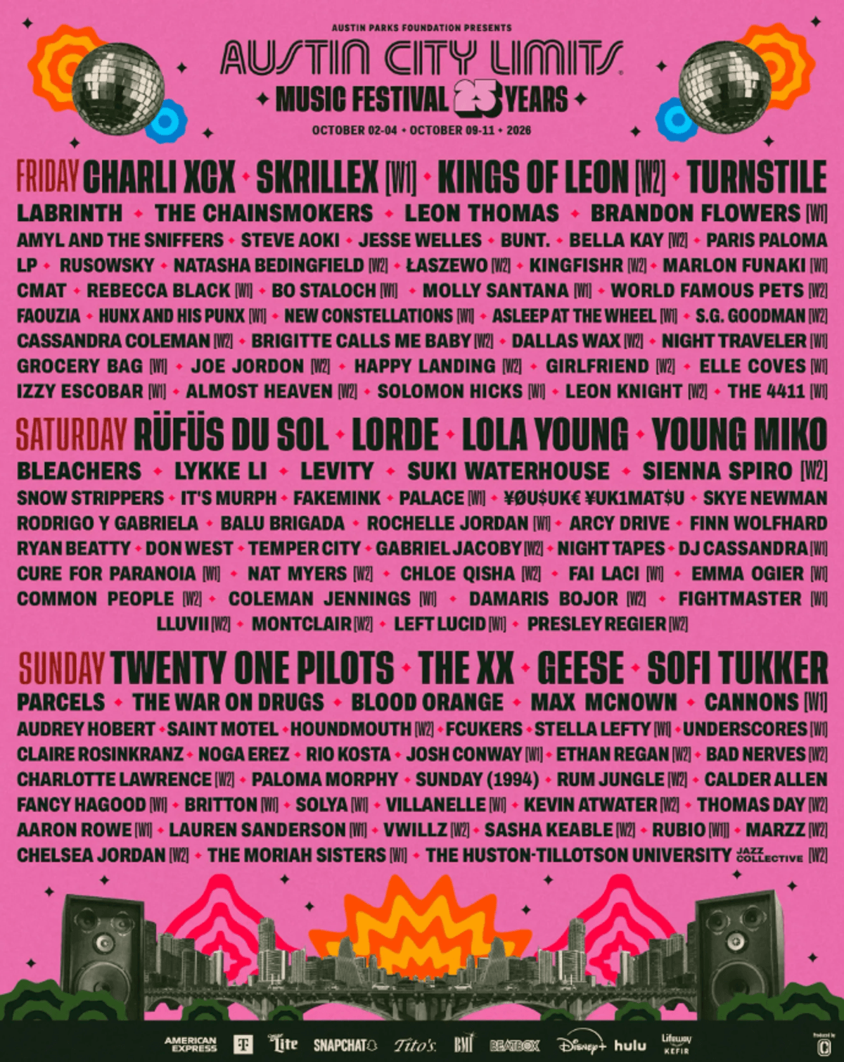 Austin City Limits Music Festival 2026 Day Lineup