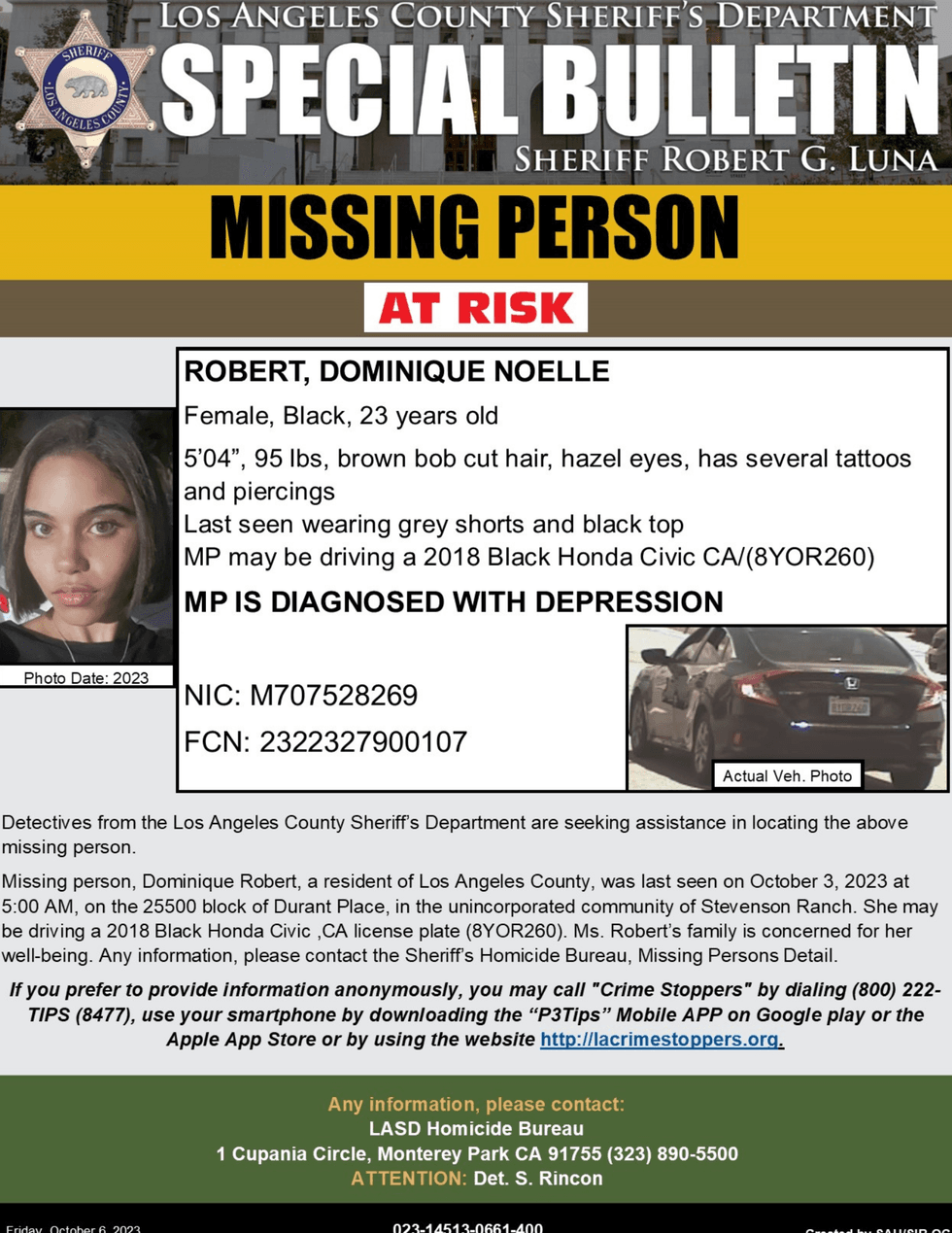 Authorities requested public assistance Friday to find a 23-year-old woman suffering from depression last seen in the Stevenson Ranch area of Los Angeles County.