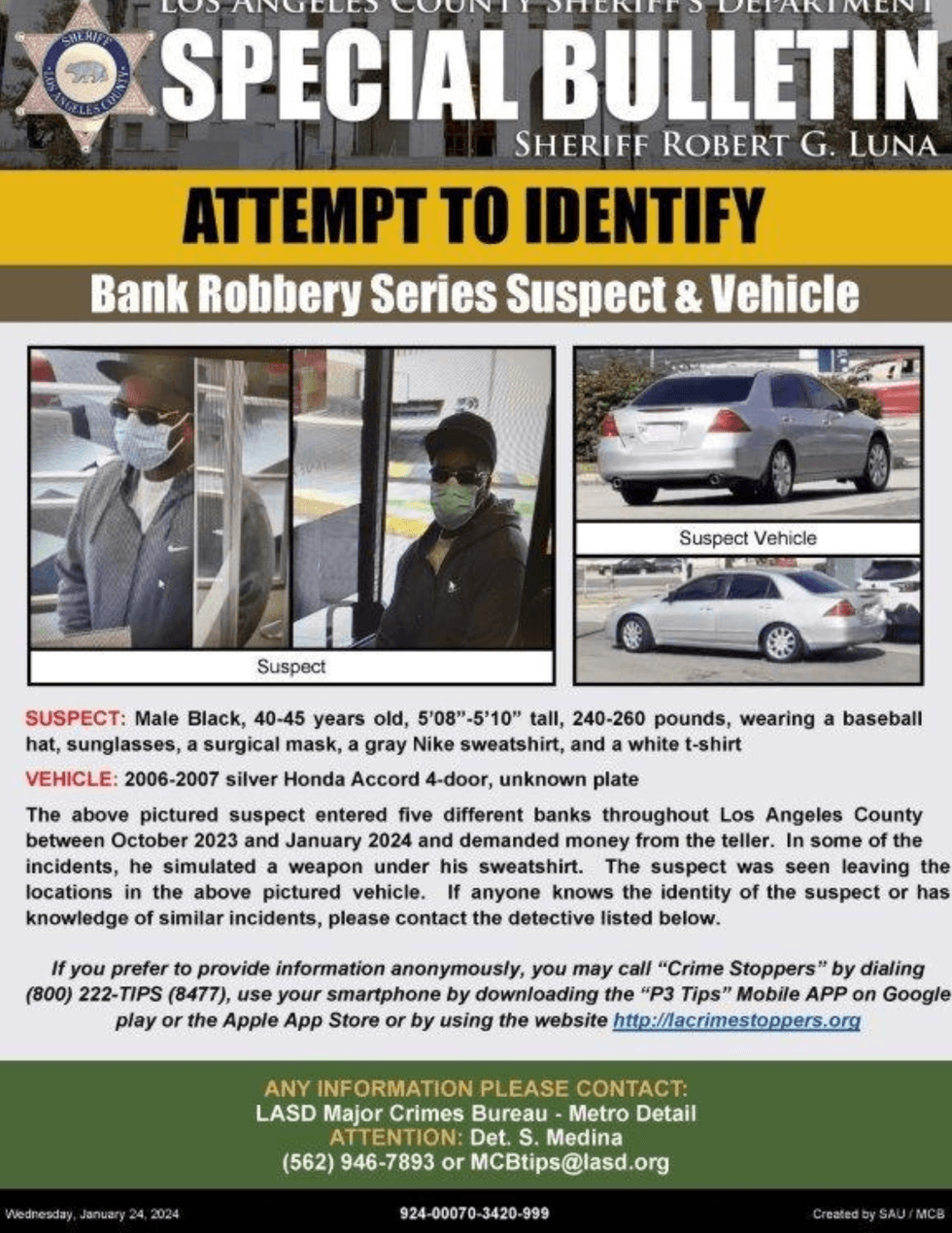 Authorities sought public assistance Wednesday identifying a man in his 40s suspected in a series of bank robberies and attempted robberies throughout Los Angeles County. Sheriff