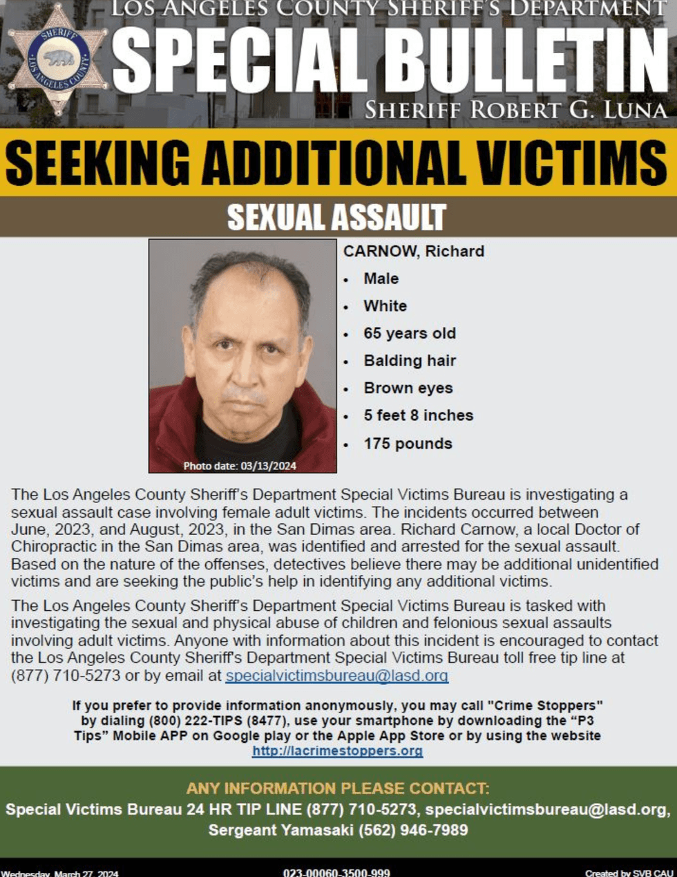 Authorities Thursday sought additional victims who may have been sexually assaulted by a San Dimas chiropractor accused of sexual battery.