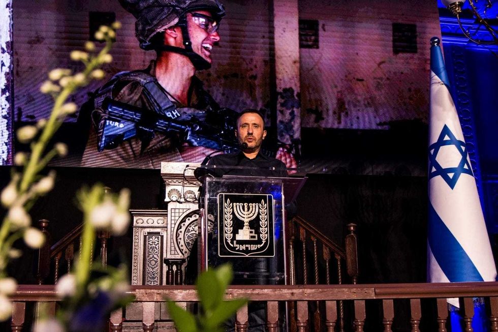 Avi Harush, whose son Sgt. Rif Harush fell fighting Hamas in Gaza, speaks at the Oct. 7 Commemoration Ceremony at Park East Synagogue on Manhattan