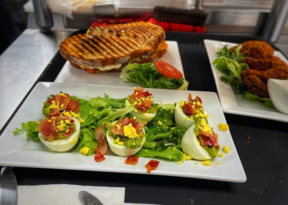 Avocado chicken panini and avocado deviled eggs