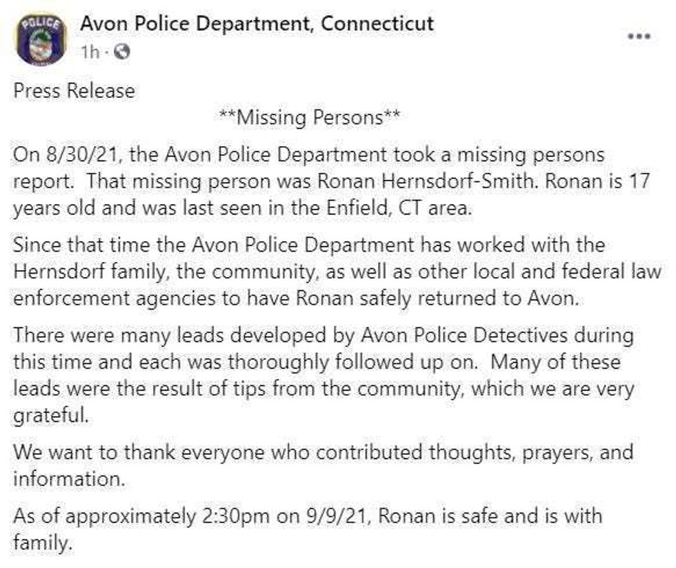 Avon police announce Ronan Hernsorf-Smith has been found, safe.
