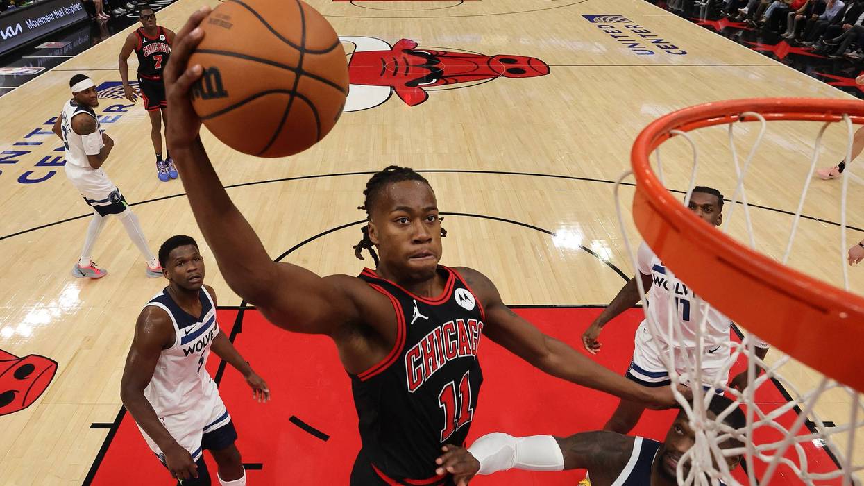 Ayo Dosunmu #11 of the Chicago Bulls dunks against the Minnesota Timberwolves during the first half at the United Center on November 07, 2024 in Chicago, Illinois.