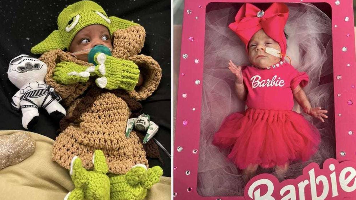 babies in costumes -- Yoda and Barbie