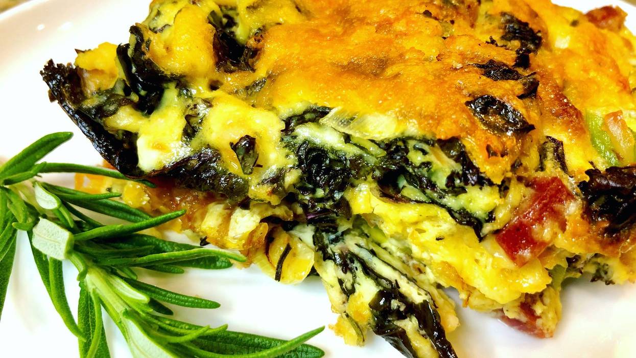 Bacon and Sausage Frittata with Purple Kale, Cheeses and Herbs