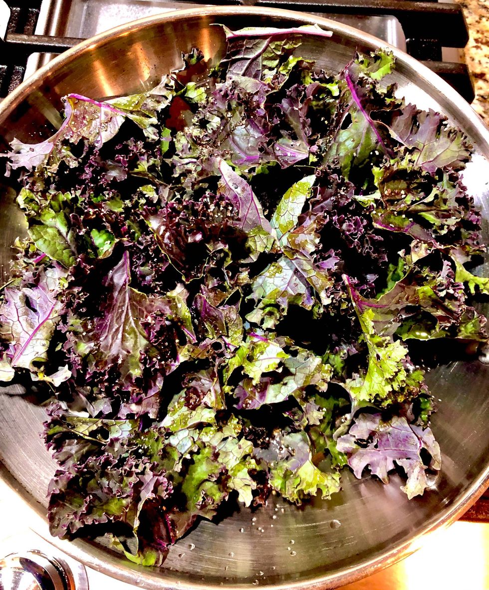 Bacon and Sausage Frittata with Purple Kale, Cheeses and Herbs