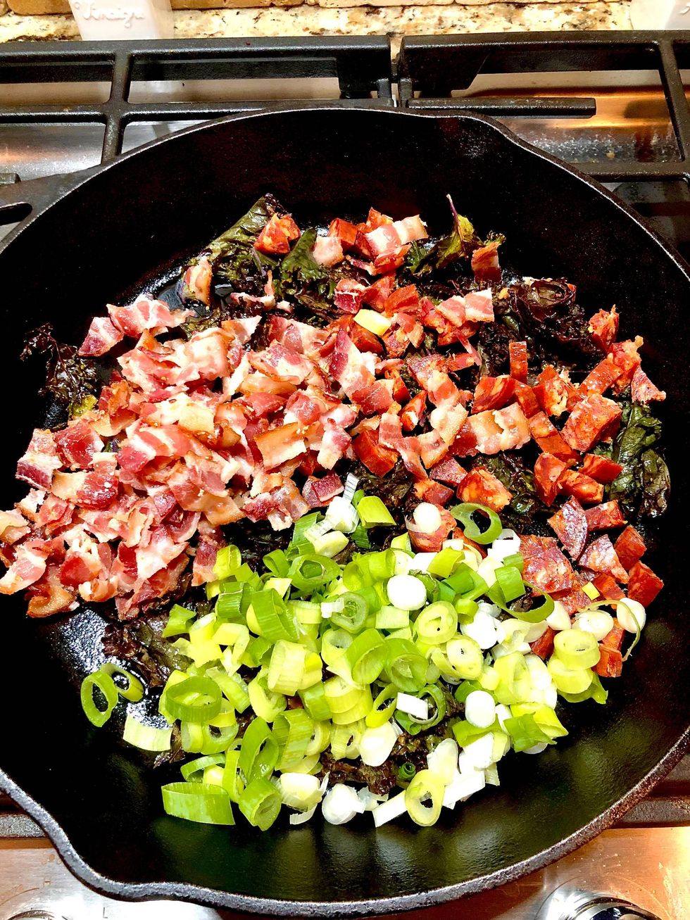 Bacon and Sausage Frittata with Purple Kale, Cheeses and Herbs