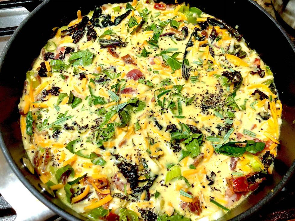 Bacon and Sausage Frittata with Purple Kale, Cheeses and Herbs
