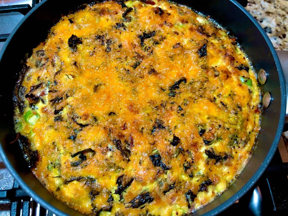 Bacon and Sausage Frittata with Purple Kale, Cheeses and Herbs