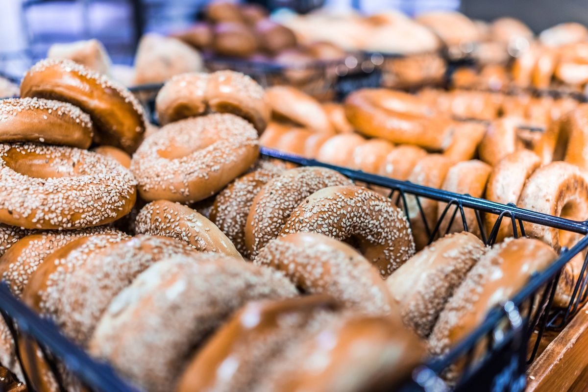 bagel rack in a bagel shop