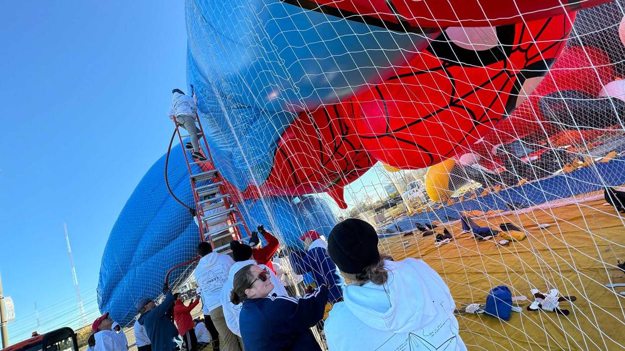 Balloon handlers help the Macy's team test the newly-unveiled balloons ahead of the 2024 Macy's Thanksgiving Day Parade.