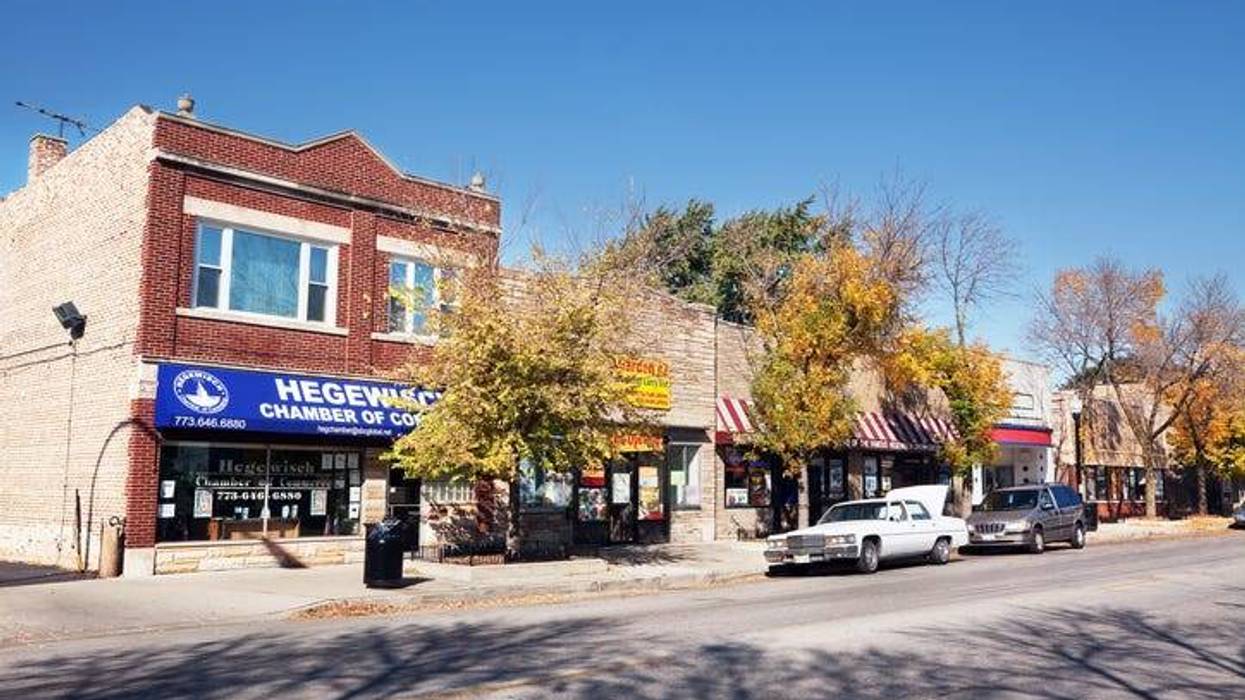 Baltimore Avenue, downtown Hegewisch, a Chicago community on the Far Southeast Side. Neighborhood shopping district in the Autumn. No people.