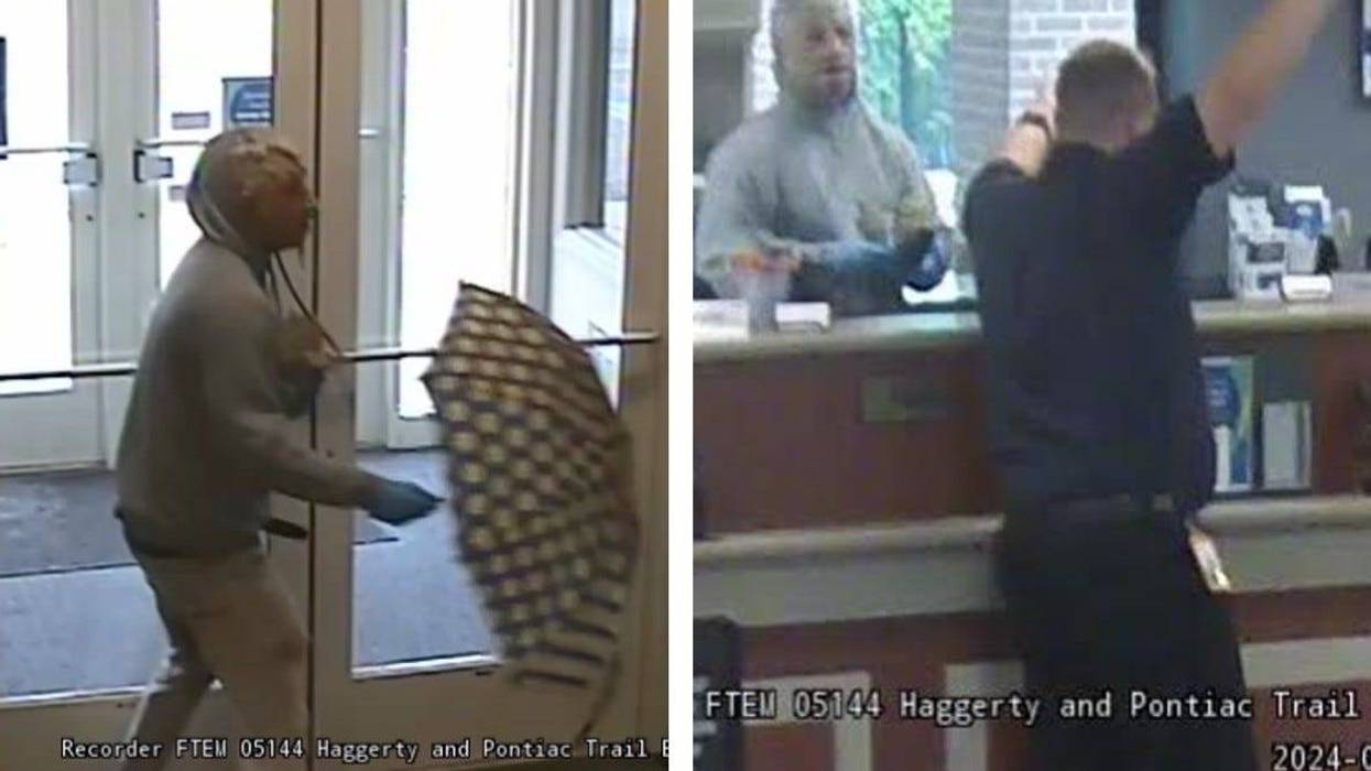 Bank robbery suspect in old man mask with polka dot umbrella