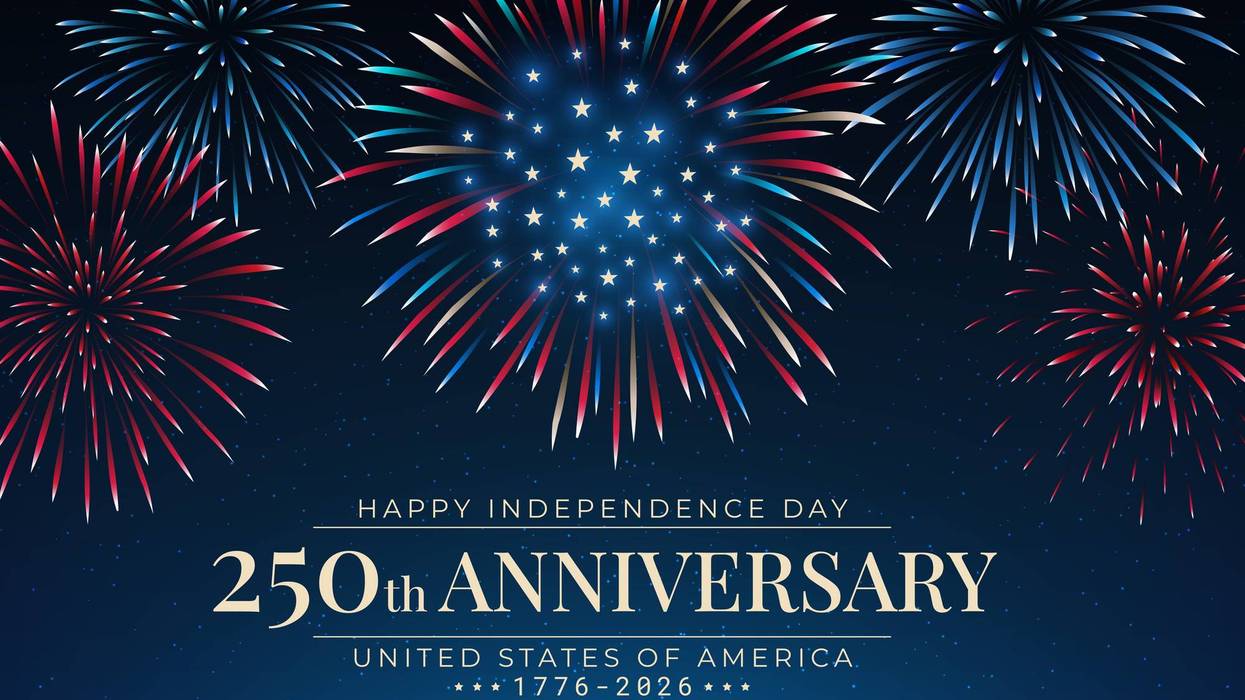 Banner 250th anniversary of USA. 250 years of independence. 4th of july 2026 usa independence day. US flag fireworks, golden text on dark blue sky background. Vector greeting card. Fourth of july