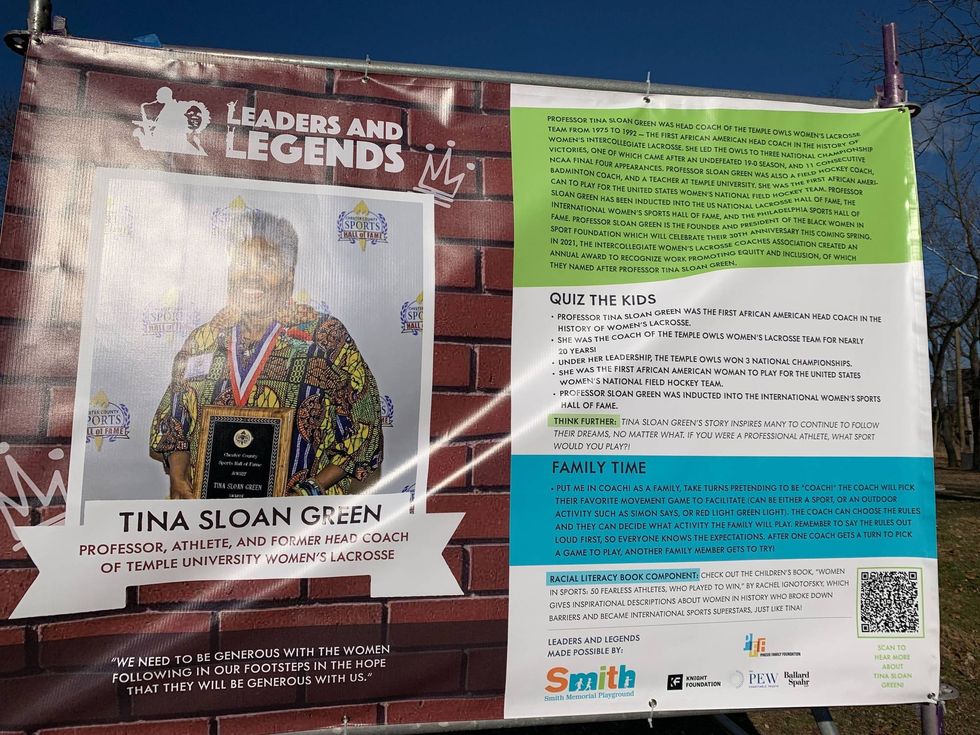 Banner honoring Temple lacrosse coach Tina Sloan Green