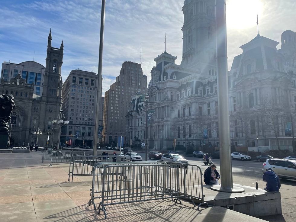 Barriers being set up for Sunday night, when streets surrounding Philadelphia City Hall are being closed for a potential Super Bowl championship celebration with the Eagles playing the Kansas City Chiefs.