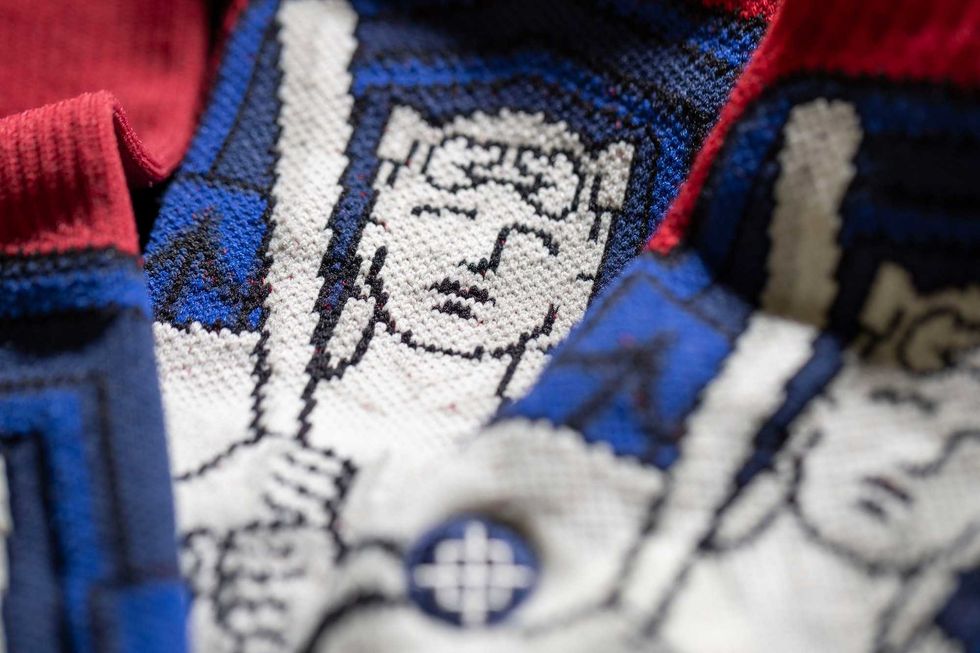 Baseball socks featuring a new logo for the Cleveland Guardians, as part of the 2024 MLB City Connect Series uniforms.