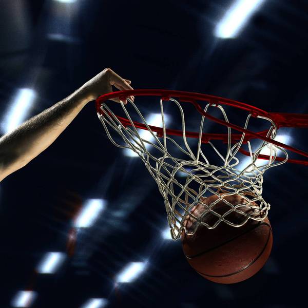 Basketball dunk under 3D stadium lights with intense motion