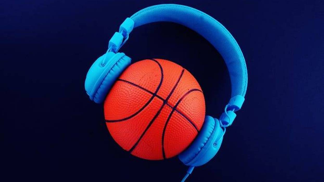 basketball with headphones on