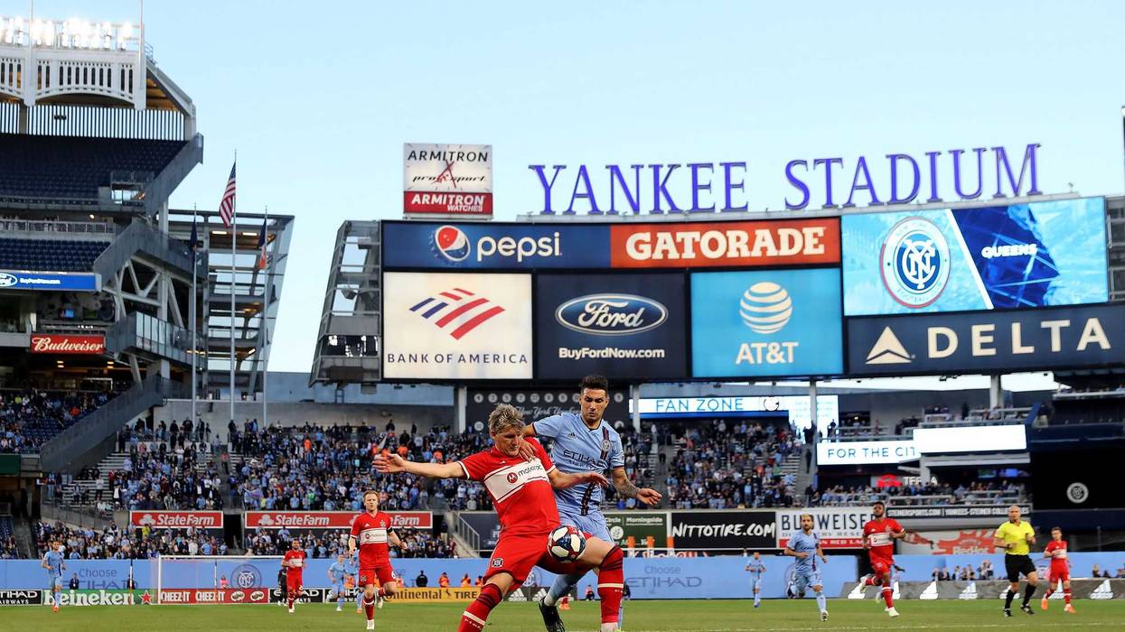 Bastian Schweinsteiger #31 of Chicago Fire and Valentin Castellanos #11 of New York City FC fight for the ball in the first half at Yankee Stadium on April 24, 2019 in the Bronx borough of New York City.