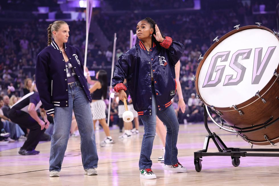 Bay FC players Hannah Bebar and Kiki Pickett on the court before the game between the Golden State Valkyries and New York Liberty at Chase Center.