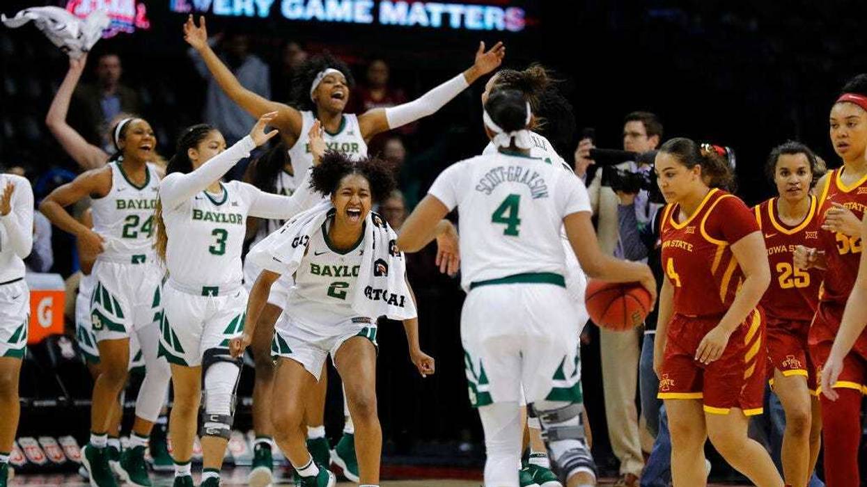 Baylor celebrates after defeating Iowa State during the Big 12 women's conference tournament championship in Oklahoma City, Monday, March 11, 2019. Baylor won 67-49.