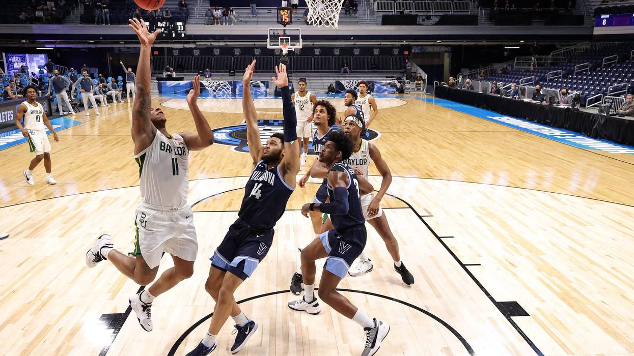 Baylor's Mark Vital throws up a shot against the Villanova Wildcats in the second half of their Sweet Sixteen game of the 2021 NCAA Men's Basketball Tournament at Hinkle Fieldhouse on March 27, 2021 in Indianapolis, Indiana.