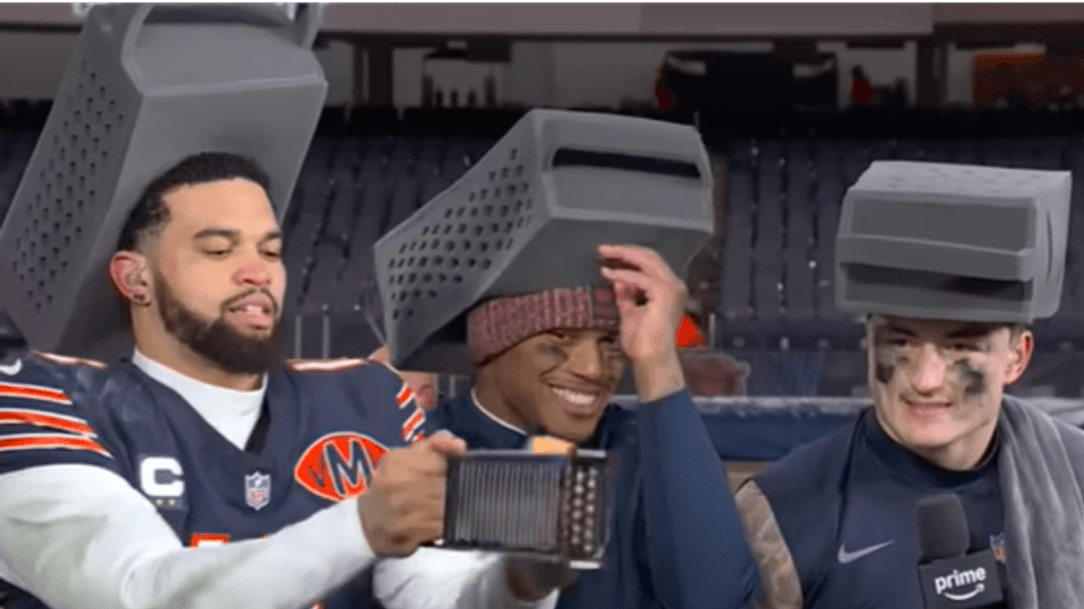Bears players Caleb Williams, DJ Moore and Colston Loveland sport viral cheese grater hats on the Amazon NFL postgame show after beating the Packers Saturday, Jan. 10, 2025.