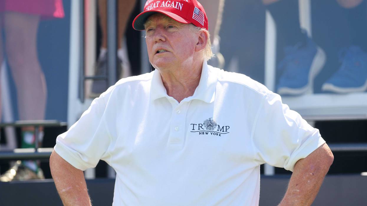 BEDMINSTER, NEW JERSEY - AUGUST 13: Former President Donald Trump looks on at hole one prior to the start of day three of the LIV Golf Invitational - Bedminster at Trump National Golf Club on August 13, 2023 in Bedminster, New Jersey. (Photo by Mike Stobe/Getty Images)