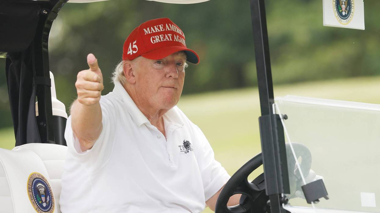BEDMINSTER, NEW JERSEY - JULY 28: Former U.S. President Donald Trump gives a thumbs up during the pro-am prior to the LIV Golf Invitational - Bedminster at Trump National Golf Club Bedminster on July 28, 2022 in Bedminster, New Jersey.