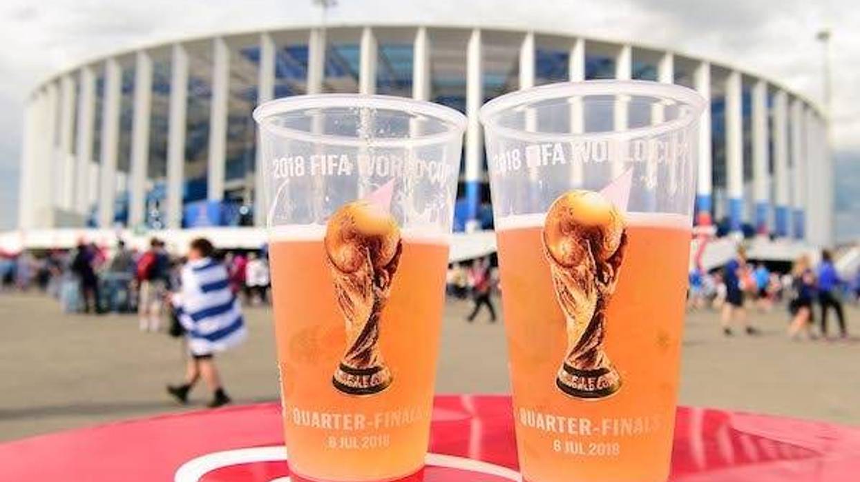 Beer cups are seen before the quarterfinals of the FIFA World Cup 2018 between France and Uruguay at Nizhny Novgorod Stadium