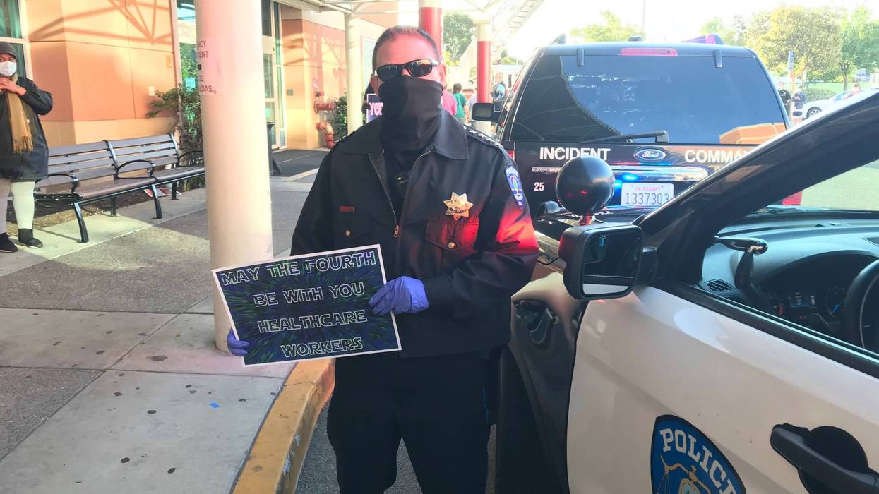 Belmont police officer and other first responders turned out to thank San Mateo healthcare workers